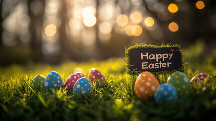 a festive Easter display with colorful eggs green grass and "Happy Easter" sign perfect for greeting cards