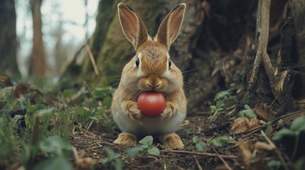 A charming rabbit holding a red fruit in its mouth in a forest setting