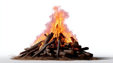 Pile of wood with a fire burning in the middle. The fire is orange and yellow, and the wood is charred and black. Concept of warmth and comfort, as well as the power of nature