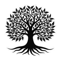 Obraz premium Elegant black and white illustration of a symbolic tree with leaves and roots on a clean white background