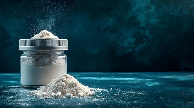 Close up of yttrium oxide a rare earth mineral in powder form inside a glass laboratory container with a futuristic hazy blue green lighting effect and top copy space