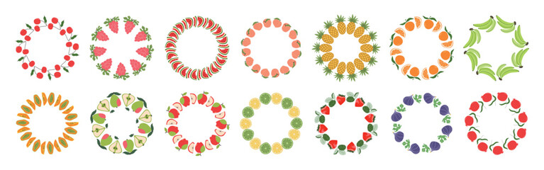 Fruit frame set. Assorted fruit design template, copy space. Cute hand drawn fruit frames in doodle style. Round template. Hand drawn fruits circle border.