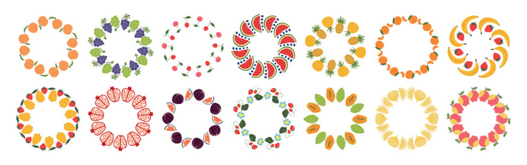 Fruit frame set. Assorted fruit design template, copy space. Cute hand drawn fruit frames in doodle style. Round template. Hand drawn fruits circle border.