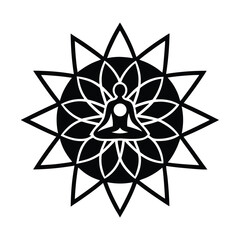 A minimalist illustration featuring a meditating figure centered within a lotus flower with an outer pointed star pattern.