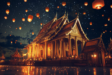 A grand temple adorned with golden lights for Vesak day.