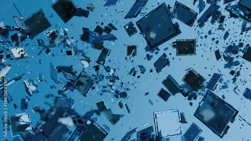 Poster abstract floating blue cubes in digital space. digital art for design and print. digital artwork of 