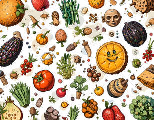 Variety of Fruits Vegetables and Food Item Illustration on White