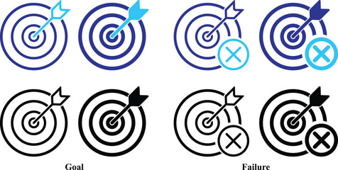 Target Achieve and target miss icon with arrow. Goal achieving and Failure  symbol Vector isolated. Success and Failure icon set.