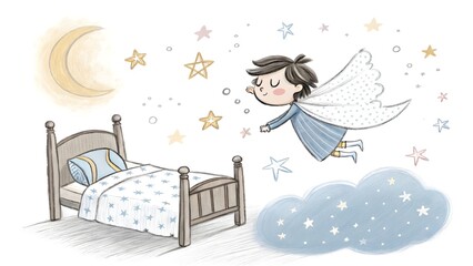 Sweet Dreams: Little Angel Blowing Stardust over Child's Bed