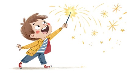 Joyful Boy with Sparkler, Whimsical Child Illustration