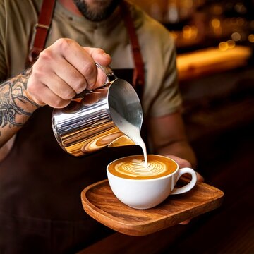 Barista sirviendo capuchino con latte art en una bandeja de madera