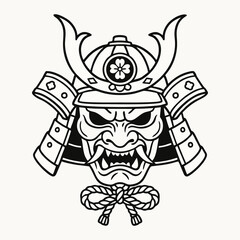 Stylized Japanese demon face with horned samurai helmet vector illustration perfect for tattoo flash Asian cultural artwork and traditional warrior inspired designs
