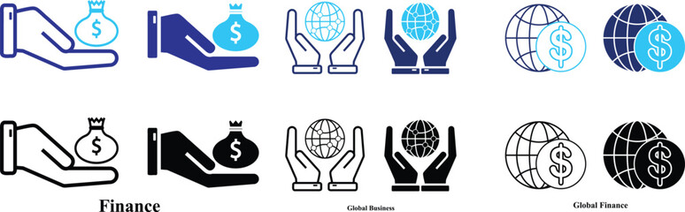 Global Finance Icon Set.  Dollar Icon with Globe for International Trade, Economy, and Business Transactions. Global Business Icon Set. worldwide finance icon sign vector.