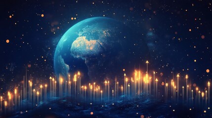 Illuminated Earth with glowing pillars rising from below, set against a dark, starry backdrop