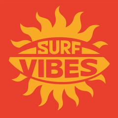 Retro surf vibes typography with summer sun and surfboard graphic for t-shirt, poster or sticker – Vector