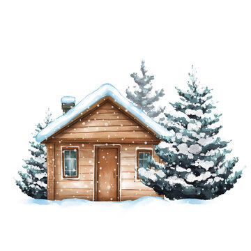 Winter chalet illustration. Wooden cabin in fir forest