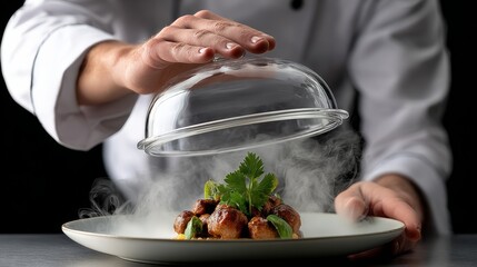 Chef is putting a dish on a plate with a lid on top. The dish is covered in steam and he is a hot dish. The chef is wearing a white apron and is holding the plate with the lid on top