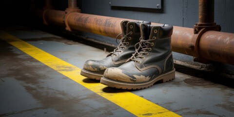 A pair of muddy, worn work boots sit on a marked industrial floor near a rusty pipe, symbolizing hard labor and rugged work environments.