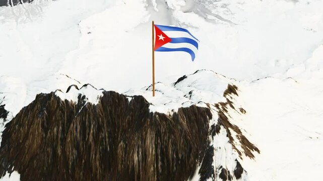 Dynamic 3D animation showcasing the Cuban flag with its distinctive horizontal stripes and red triangle bearing a white star, fluttering atop a snowy mountain summit, embodying the nation's heritage a