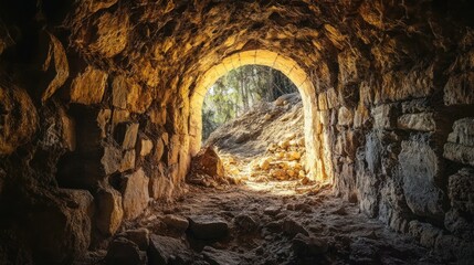 Ancient tunnel, sunlight through archway