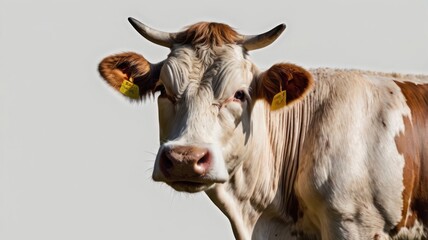 A curious cow stares intently towards the camera, showcasing a blend of white and brown fur on a