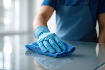 Clean Workspace: A professional hand wearing a blue glove meticulously wipes down a glass surface with a microfiber cloth, creating a spotless work area and promoting hygiene.