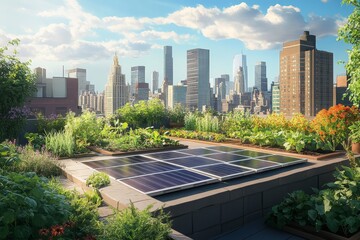 Fototapeta premium Urban rooftop garden with solar panels and city view.
