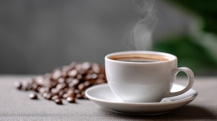 White coffee cup with steam rising from it sits on a table with a pile of coffee beans