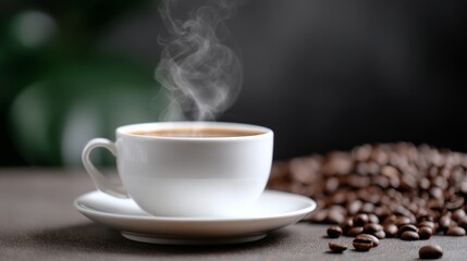 White coffee cup with steam rising from it sits on a table with a pile of coffee beans