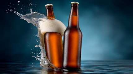 Two beer bottles are floating in a body of water, with foam spilling out of the top of one of them. Concept of fun and relaxation, as if the two bottles are enjoying a refreshing drink on a hot day