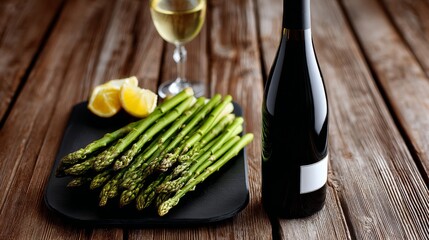 Bottle of wine sits next to a plate of asparagus and a lemon wedge. Concept of sophistication and indulgence, as the wine and food are presented on a wooden table