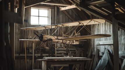 Antique biplane in rustic workshop