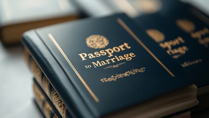 A stack of dark-blue books with gold lettering, d "Passport to Marriage," sits on a surface