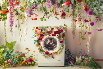 White washing machine surrounded by pink and white flowers suggesting the concept of freshness and clean laundry