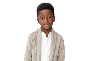 Smiling young African American boy dressed in a white shirt and knitted cardigan, isolated on transparent background