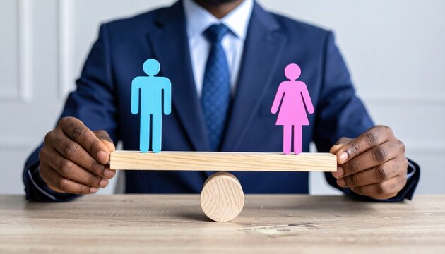 Businessman balancing gender pay gap figures with money office setting infographic concept corporate view