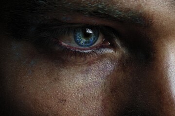 Naklejka premium Close-up of a man's piercing blue eye, intense gaze.
