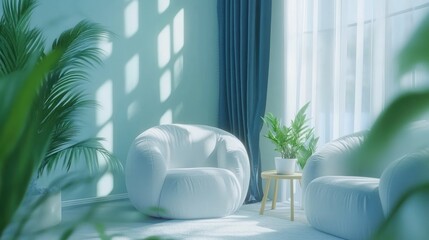 Cozy interior with white furniture and green plants in sunlight
