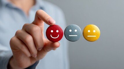 Person is holding up three smiley faces and one frowning face. The image conveys a message about the importance of positivity and happiness in life