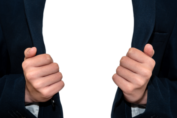Hands unbuttoning a jacket on a white background. Empty space for an inscription. Unbuttoned jacket isolate