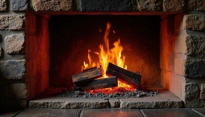 Cozy glowing embers in a rustic stone fireplace, burning, background