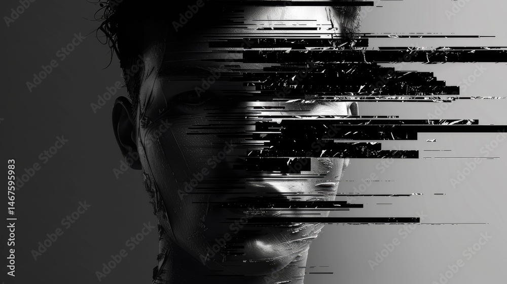 Poster abstract of complex glitch with tiny pixel effect in dark background use human shape and monochrome 