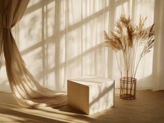 Minimalist studio backdrop with warm light and dried reeds