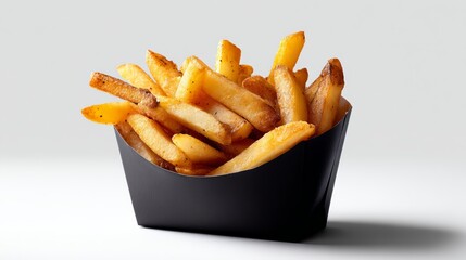 Tray of french fries sits on a white background. The fries are golden brown and appear to be freshly cooked. The tray is black and rectangular, and the fries are arranged in a neat pile