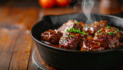 Sizzling steak cooking event kitchen food photography rustic close-up culinary art