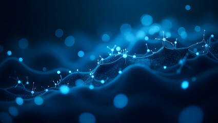 Abstract neural network with glowing nodes and connections, tech blue palette.
