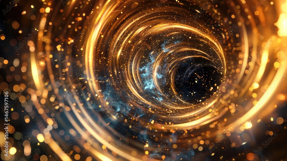 Poster Abstract of particles glowing vivid light with fractal style effect. Futuristic style vortex scene and vividness of color seamless pattern in space. Spiral on universe scene perfect for design. AIG53.
