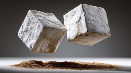 Two cubes of white rock are floating in the air. The cubes are in the air because they are being lifted by a force