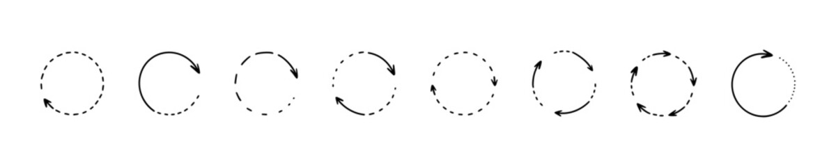 Set of dotted line thin round curve arrows. Recycle dash circle symbol. Handwritten doodle vector illustration. Reuse pencil, crayon, pen scribble icon. Childish drawing infographic diagram
