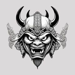 Illustration of an intimidating Japanese demon mask with horned samurai helmet in vector style perfect for Asian mythology traditional tattoo designs and cultural horror artwork